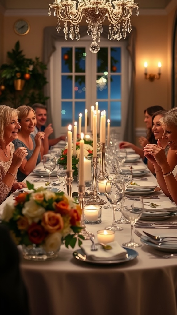 Elegant Dinner Party Photo Ideas An elegantly set dinner table with fine dining elements, guests laughing and enjoying their meal.